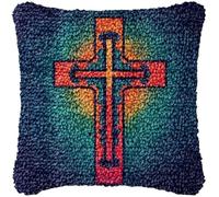 Religion Cross Latch Hook Pillow Cover Cushions Kits for DIY Handmade Throw Pillow Cross Stitch Latch Hook Pillowcase Rug Kits with Pre Printed Color Pattern Canvas Crochet Yarn Kits,43x43cm/17x17inch