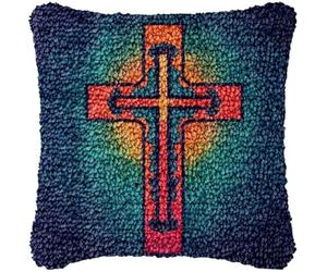 Religion Cross Latch Hook Pillow Cover Cushions Kits for DIY Handmade Throw Pillow Cross Stitch Latch Hook Pillowcase Rug Kits with Pre Printed Color Pattern Canvas Crochet Yarn Kits,43x43cm/17x17inch
