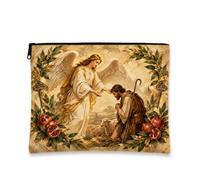 Religious Angel And Shepherd Art Christmas Makeup Bag 7x9 Inch | Classical Oil Painting Style, Makeup Zipper Pouch, Religious Decorative Theme, Sturdy Zipper Closure