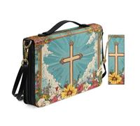 Religious Art Sacred Floral Cross Bible Cover Case for Women with Bookmark Personalized Print Church Study Bible Case with Shoulder Strap Handle Durable Pu Leather Book Covers Holder Blue