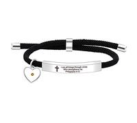 Religious Bible Verse Bracelet for Women Girls Christian Encouragement Gift, Black String Stainless Steel Engraved Plate Bar Bracelet (I can all things through christ)
