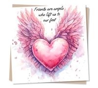 Religious Birthday Card - Friends Are Angels Who Lift Us To Our Feet - Angel Wings with Heart - Beautiful Pink Heart - Friendship Birthday Card For Women, Friend, Best Friend, Loved One, Partner