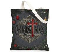 Religious Christmas Cross Quote Canvas Tote Bag 13x15 Inch | Vintage Style, Pine Branches, Mistletoe, Decorative Ornaments, Religious Theme, Seasonal Accessory