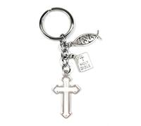 Religious Cross Bible Ichthus Symbol Keyring Silver Color Christian Style, silver, 9.1 Centimètres x 3 Centimètres