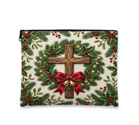 Religious Cross Christmas Wreath Makeup Bag 7x9 Inch | Rustic Wooden Cross, Cosmetic Bag, Evergreen Wreath, Red Festive Bow, Golden Jingle Bells, Seasonal Faith Theme