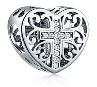 Religious Cross in Heart Charms, fits Pandora Christmas Valentines Bracelet, 925 Sterling Silver Symbol of Faith Christian Prayer Beads, Gift for Grandma/Wife Wedding/Godmother