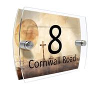 Religious Cross Personalised House Number Sign - Modern Watercolour Style Plaque with Custom Door Number & Street Name - Weatherproof Acrylic Address Sign for Outdoor Use House Warming Gift (R028)
