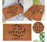 Religious Doormat, Christian Welcome Mat, We Are Covered Psalms 91 Door Mat for Front Door, Non-Slip Flannel Entrance Rug for Indoor Outdoor Home Church (Beige)