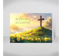 Religious Easter Card - A5 Blessings at Easter Christian Easter Greeting Card with a Special Verse Printed Inside: Cross on a Meadow Hillside and Spring Flowers Design