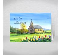 Religious Easter Card - A5 Christian Easter Blessings Greeting Card with a Special Verse Printed Inside: Country Church and Colourful Spring Flowers Design