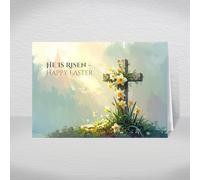 Religious Easter Card - A5 He Is Risen Happy Easter Christian Easter Greeting Card with a Special Printed Inside Verse: Daffodils Around Wooden Cross Design