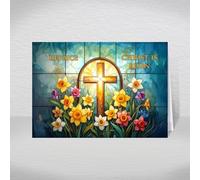 Religious Easter Card - A5 Rejoice Christ Is Risen Christian Easter Greeting Card with Printed Inside Verse: Stained Glass Church Window & Cross Design