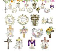 Religious Easter Decorations - Twenty Four Piece Christian Spring Holiday Set, Wooden He Is Risen Ornaments With Crucifixion Wood Cutouts | Home Party Small Trees Mantle Table Display For Faith Celebr