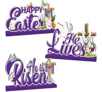Religious Easter Decorations Wooden Table Centerpiece 3Pcs He is Risen Easter Decor Christian Easter Table Decorations Jesus Cross Tabletop Tiered Tray Decor for Spring Home Office Party Supplies