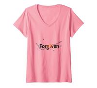 Religious Forgiven Inspirational Graphic for Men V-Neck T-Shirt, Women, Pink, XXL