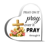 Religious Gifts Christian Faith Gift Pray Clear Desk Decorative Sign Pray On It Pray Over It Pray Desk Decor Acrylic Hearts Plaques Decoration 4X4In