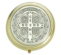 Religious Gifts Gold and Silver Tone Pyx with Saint Benedict of Nursia Medal, 2 1/4 Inch