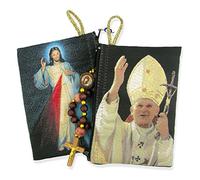 Religious Gifts Saint John Paul II with Divine Mercy Icon Cloth Tapestry Rosary Pouch, 5 3/8 Inch