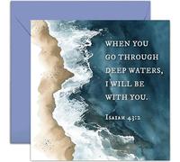 Religious Greeting Cards for Support - For Friends and Family - 'When You Go Through Deep Waters' Beautiful Religious Card for Him Her - Thinking of You, Sympathy | Bible Verse Card