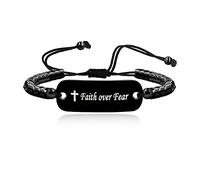 Religious Inspirational Faith Over Fear Christian Cross Bracelets, Unisex Handmade Black Hematite Stone Adjustable Bracelets for Men Women Y2519 (Black-Faith Over Fear)