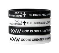 Religious Inspirational Silicone Bracelets - 4 Pack "God is Greater Than The Highs and Lows" Wristbands, Christian Cross & Symbol Bracelets, Black White, for Men Women Teens, Church & Faith Gifts