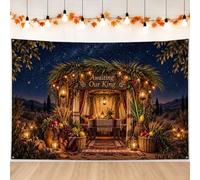 Religious Pavilion Celebration Theme Christmas Backdrop Banner 71x43 Inch | Starry Night Skyline Background, Photography Backdrop, Rustic Wooden Architecture, Abundant Harvest Fruit Baskets