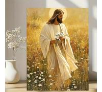 Religious Posters Jesus Walking In The Fields Holding Small White Flowers, Canvas Print Painting, Christ Wall arts Decor(50x70cm/Canvas wrapped)