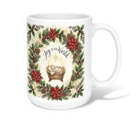 Religious Religious Joy To The World Christmas Ceramic Coffee Mug 15oz | Poinsettia Wreath, Coffee Cup, Pinecones Accents, Religious Seasonal Theme, Traditional Holiday Artwork, Manger Scene