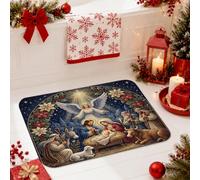 Religious Religious Scene Christmas Bathroom Rugs 20x32 Inch | Traditional Religious Theme, Shower Toilet Rug, Soft Flannel Texture, Poinsettia Wreath Border, Holiday Home Decor