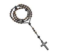 Religious Rosaries Necklace With Black Beads And Cross Jesus Christ Cross Chain Pendant Necklace With Pouch for Women Men (Plain Cross)