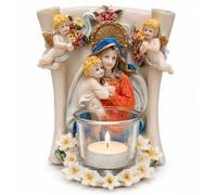Religious Tealight Candle Holder Ornament with Virgin Mary & Child Angels Resin Christian Home Décor Prayer Table Decoration 16 x 12 cm JR2546 (Mary)
