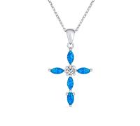 Religious Vintage Style Faith Hope Love CZ Accent Gemstone Created Blue Opal Cross Pendant Necklace For Women Teen .925 Sterling Silver October Birthstone