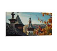 Religious Wall Art Canvas Print Ancient Church with Steeples Framed Artwork for Bedroom Living Room Kitchen, Autumn Tree Leaves Funny Painting, Thanksgiving Gifts, 30x60CM