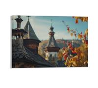 Religious Wall Decor Poster, Ancient Church with Steeples Framed Canvas Wall Art for Bathroom Kid's Room, Funny Autumn Tree Leaves Artworks, Thanks Giving Gifts, 28x43CM