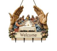 Religious Wooden Key Holder for Wall, 4 Metal Hooks, 30x26cm Welcome Design with Ornate Hands Table Scene, for Hallway Entryway, Christmas Wall Decor Family Key Rack