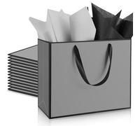 ReliThick 12 Pack 12 Pack Metallic Paper Gift Bag with Handles and Tissue Paper 11.8 x 10 x 4'' Thank You Favor Bag for Wedding Bridesmaid Groomsmen 5 Senses Birthday Gifts (Gray,Black)