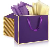 ReliThick 12 Pack 12 Pack Metallic Paper Gift Bag with Handles and Tissue Paper 11.8 x 10 x 4'' Thank You Favor Bag for Wedding Bridesmaid Groomsmen 5 Senses Birthday Gifts (Dark Purple,Gold)