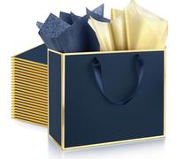 ReliThick 12 Pack 12 Pack Metallic Paper Gift Bag with Handles and Tissue Paper 11.8 x 10 x 4'' Thank You Favor Bag for Wedding Bridesmaid Groomsmen 5 Senses Birthday Gifts (Navy Blue,Gold)