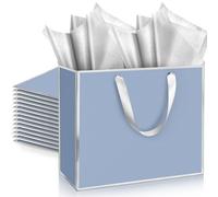 ReliThick 12 Pack Metallic Paper Gift Bag with Handles and Tissue Paper 11.8 x 10 x 4'' Thank You Favor Bag for Valentine's Day Wedding Bridesmaid Groomsman 5 Senses Gifts (Dusty Blue,Silver)