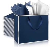 ReliThick 12 Pack Metallic Paper Gift Bag with Handles and Tissue Paper 11.8 x 10 x 4'' Thank You Favor Bag for Valentine's Day Wedding Bridesmaid Groomsman 5 Senses Gifts (Navy Blue,Silver)