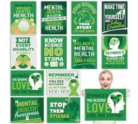 ReliThick 12 Pcs Mental Health Awareness Posters Green Ribbon Inspirational Quotes Poster Cardstock Offices School Classroom Bulletin Board Posters for Mental Health Awareness Theme Event Party Supply