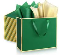 ReliThick 24 Pack Metallic Paper Gift Bag with Handles and Tissue Paper 11.8 x 10 x 4'' Thank You Favor Bag for Wedding Bridesmaid Groomsmen 5 Senses Birthday Gifts (Green Gold)