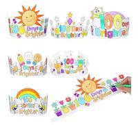 ReliThick 24 Pcs Color Your Own 100 Days Brighter Crowns Light Bulb Firefly DIY Coloring Paper Crowns for 100 Days of School Hat Craft Kits with Elastic Cord, 6 Designs