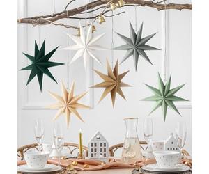 ReliThick 6 Pcs 12 Inch 9 Pointed Star Paper Lanterns Christmas Hanging Lamp Neutral Sage Green Christmas Ornaments Vintage Farmhouse Paper Decorations Xmas Party Decorations