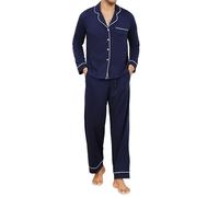 Reliwel Men's Cotton Pyjamas Set Long Sleeve Button Down Shirt with Chest Pocket and Straight Leg Pants - Elasticated Waistband - Classic Nightwear Blue S