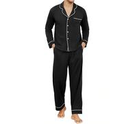 Reliwel Men's Cotton Pyjamas Set Long Sleeve Button Down Shirt with Chest Pocket and Straight Leg Pants - Elasticated Waistband - Classic Nightwear,Black,L