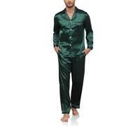 Reliwel Men's Long Satin Pyjama Set Two Piece Long Sleeve Button Placket Leisure Suit and Pyjama Bottoms Silk Pyjamas Sleepwear Men's Leisure Suit Sleepwear Loungewear, Green, M
