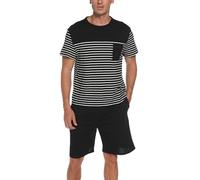 Reliwel Mens Pyjamas Set Cotton Sleepwear Striped T-Shirt and Sleep Shorts with Pockets Nightwear Pjs Loungewear Black XXL