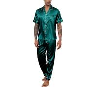 Reliwel Mens Pyjamas Set Silk Satin Short Sleeve Button down Shirt and Long Pants Mens Silk Pyjamas Notch Collar Loungewear Sleepwear Nightwear S-XXL Dark Green