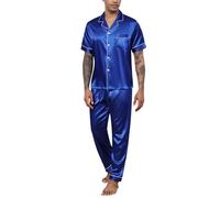 Reliwel Mens Pyjamas Set Silk Satin Short Sleeve Button down Shirt and Long Pants Mens Silk Pyjamas Notch Collar Loungewear Sleepwear Nightwear S-XXL Blue
